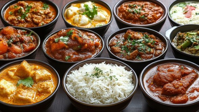 Assorted Indian curry dishes served with fragrant basmati rice