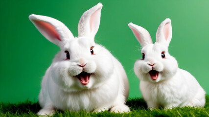 Fototapeta premium Happy Easter greeting card - White Easter bunny rabbit who looks amazed or scared, mouth opened, isolated on a green background