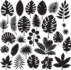 Fototapeta premium Cartoon tropical plant silhouettes vector illustration set. Includes various exotic leaves with funky and groovy decorative elements. Ideal for design projects, this collection offers a unique botanic
