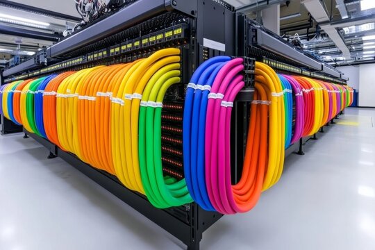 A corporate IT setup with rows of Ethernet cables organized in labeled ports on a patch panel