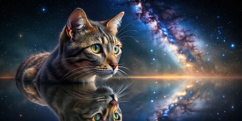 Cat Starry Night Reflection Portrait Photography - Majestic Feline, Celestial Beauty