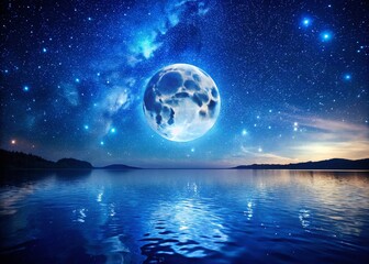 Celestial Serenity: Night Sky, Moon, Stars, Calm Water, Peaceful Scene,  Astronomy Photography, Starry Night, Moonlit Waters, Dark Blue Sky, Night Landscape