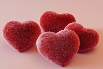 Fototapeta premium Four Fluffy Red Hearts on Pink Background
