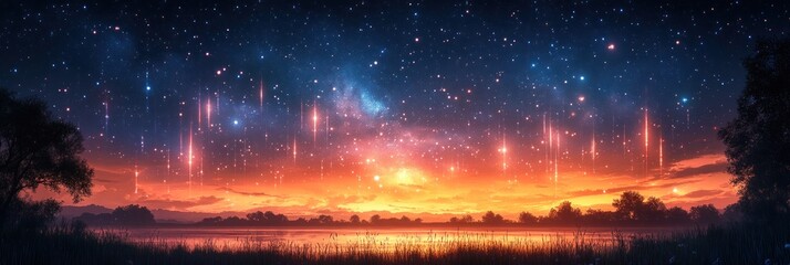 Obraz premium Vibrant sunset over serene lake with starry skies