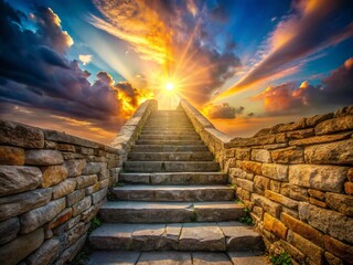 Naklejka premium Celestial Staircase: Long Exposure Sun, Clouds, Stone Podium Steps to Heaven