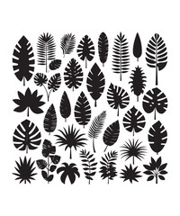 Cartoon tropical plant silhouettes vector illustration set. Includes various exotic leaves with funky and groovy decorative elements. Ideal for design projects, this collection offers a unique botanic