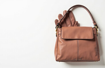 Naklejka premium elegant women's gloves and handbag in mocha mousse color on a white background. fashion trends in clothing and accessories