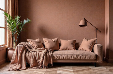 a modern room in a minimalist style in the trendy color 2025 mocha mousse. fashion trends in interior design