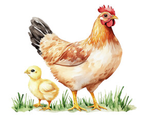 Fototapeta premium Chicken and Chick Illustration on Grass