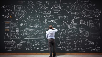 A student is engaging in an analysis of data displayed on a chalkboard within a classroom setting. A young man solves a difficult task during a lecture at the university. Back view