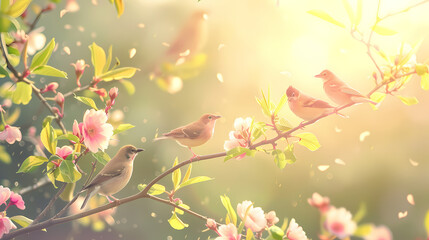 Birds on Cherry Blossom Branch: Four birds rest on a blossoming cherry tree branch bathed in warm sunlight, petals gently falling around them, creating a serene springtime scene. 