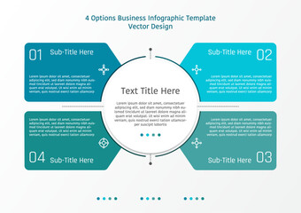 4 options business infographic template, center circle with four banners at each corner, also with signs and text frame