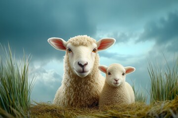Fototapeta premium A ewe and lamb standing on a windswept moor, framed by dramatic storm clouds in the distance