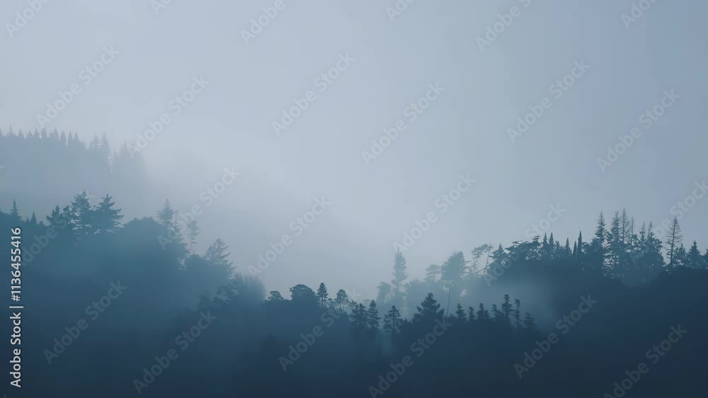 Poster mysterious fog envelops mountain landscape in early morning light, creating a serene and tranquil at