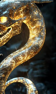 A glowing serpent with a skull head, adorned with mystical symbols, creating a dark fantasy vibe.