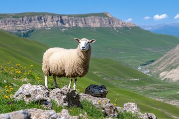 Obraz premium A flock of ewes climbing a rocky hillside, with vibrant wildflowers dotting the landscape