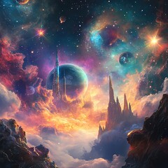 Vibrant alien landscape with towering structures, planets, and nebulae.