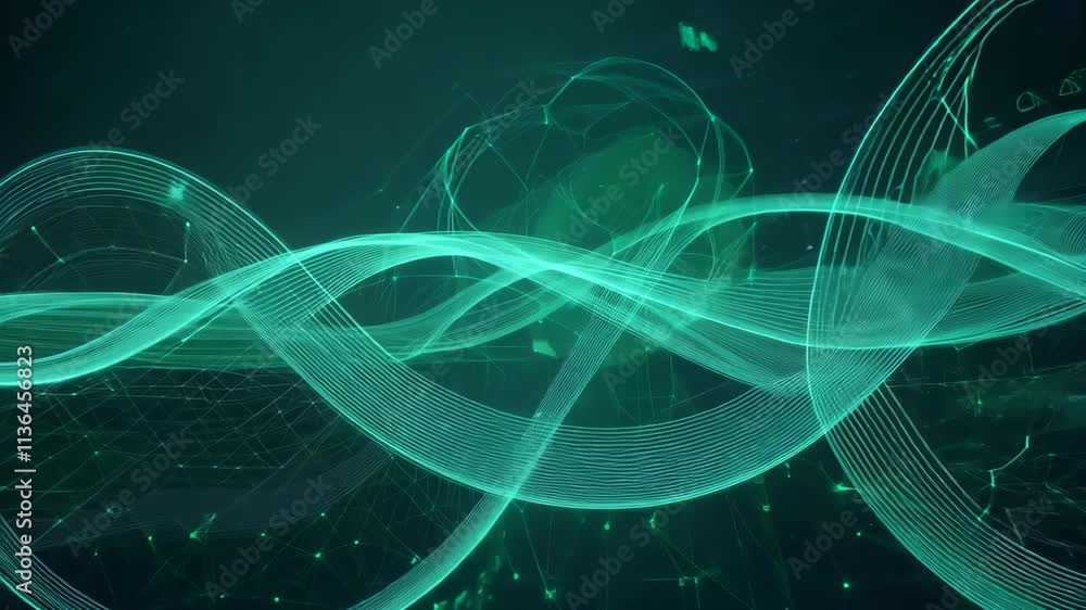 Poster exploring dynamic wave patterns and digital landscapes with vibrant green tones