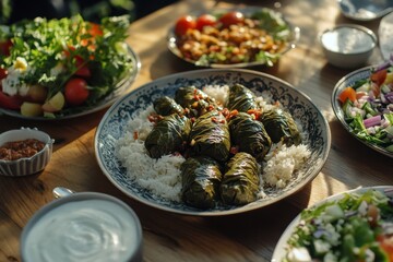 A beautifully arranged table featuring rice, stuffed grape leaves, and fresh salads.