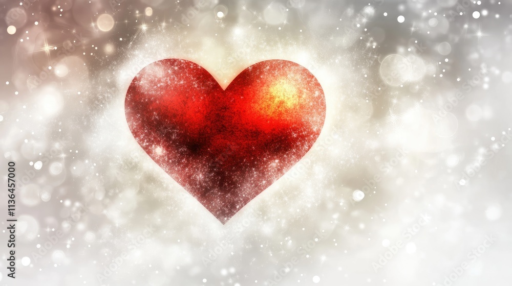 Poster glowing red heart surrounded by sparkling light and soft bokeh
