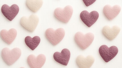 Fototapeta premium Pink and mauve felt hearts arranged on white background
