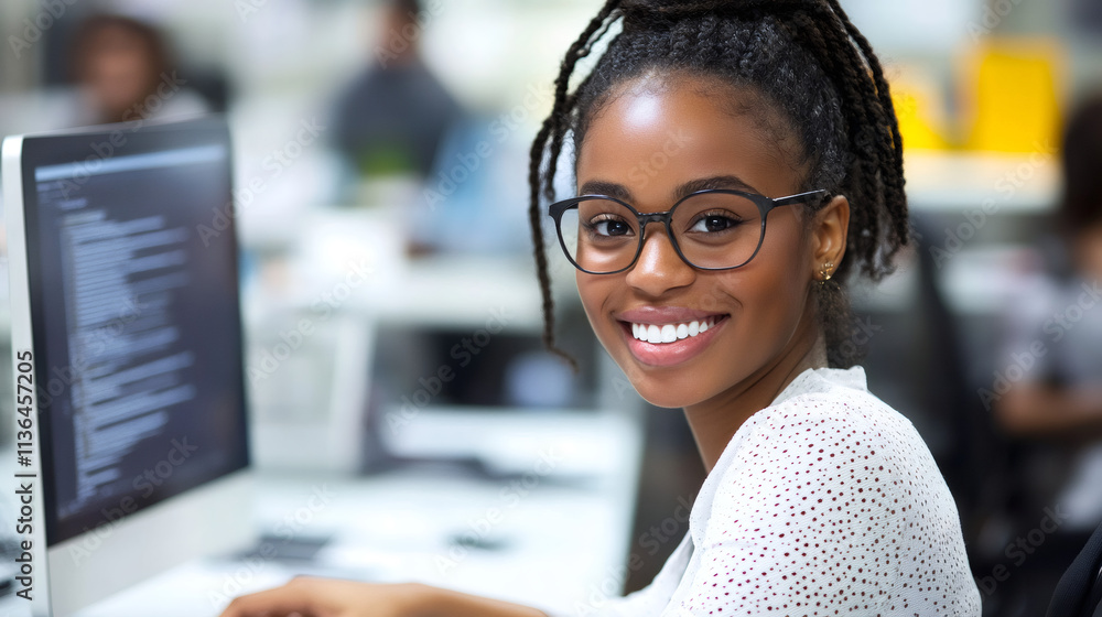 Poster portrait of a smiling female computer programmer working on source code at her desk in a busy office