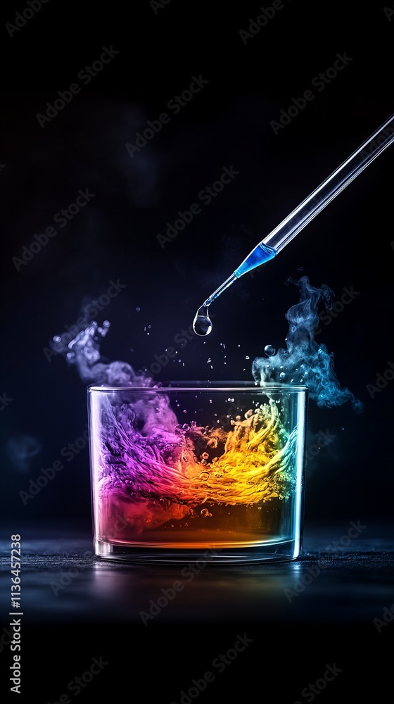 Poster a vibrant glass filled with colorful liquid, with a dropper adding a droplet to create mesmerizing p