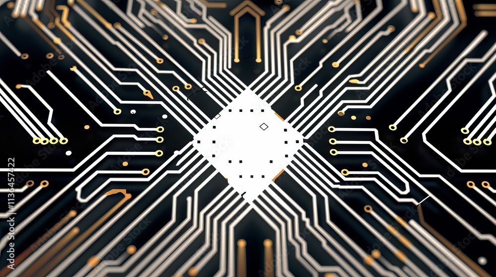 Poster a close-up view of intricate electronic circuit board patterns in gold and silver tones, symbolizing