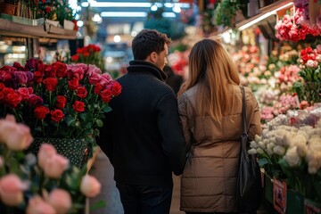 Couple Browsing Vibrant Roses At A Flower Market
