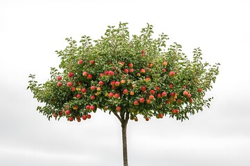 Fototapeta premium An apple tree laden with ripe red apples against a white sky.