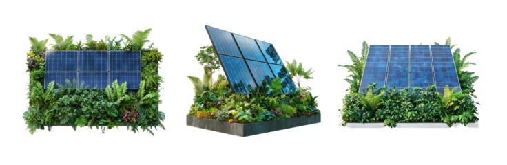 Solar Panels Surrounded by Greenery on Transparent Background