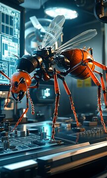 A futuristic robotic ant interacting with technology in a high-tech environment.