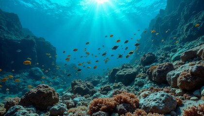 Fototapeta premium Realistic reef view with glassfish shoal near coral rocks.