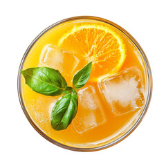 Glass of Cold Orange Juice with Ice Cubes and Basil Leaves Isolated on White and Transparent Background, Top View