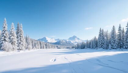 Snowy landscape with trees and mountains under clear blue sky.