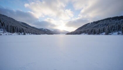 Frozen lake surrounded by snow-covered hills and trees on winter day.