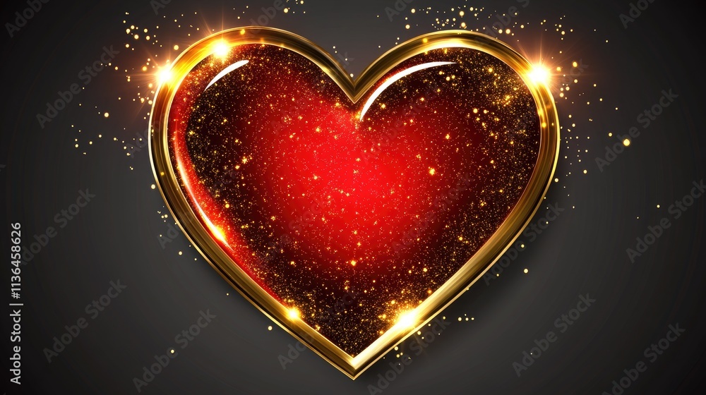 Poster Glowing Red Heart with Golden Frame and Shimmering Background