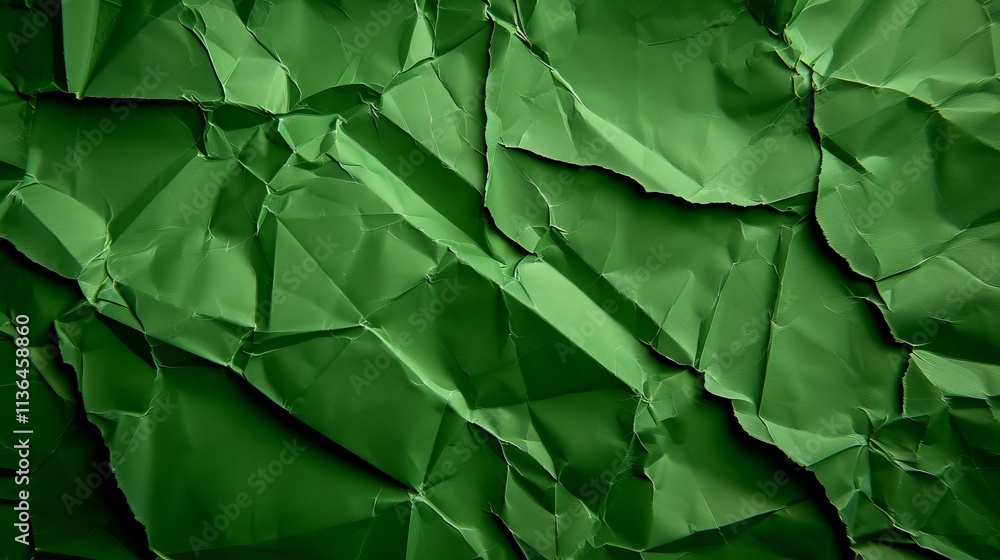 Poster an abstract close-up of crumpled green paper, showcasing a textured surface with varying shades and 