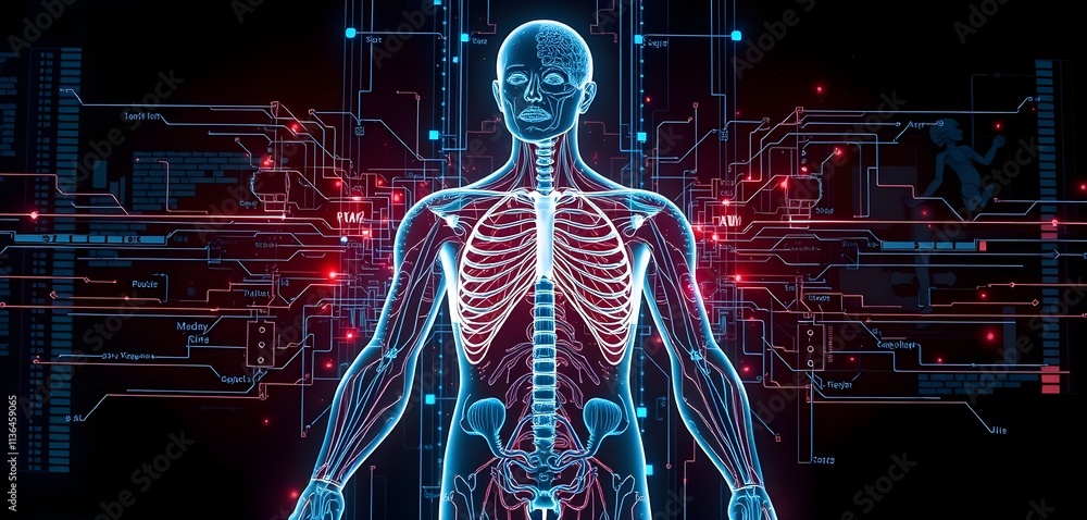 Poster a digital representation of a human body, showcasing skeletal structure amidst a backdrop of circuit