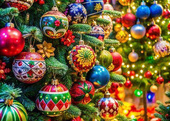 Close-up of a Vibrant Mexican Christmas Tree with Handmade Ornaments, Showcasing Bright Colors and Intricate Designs, Featuring Copy Space for Text on the Right Side