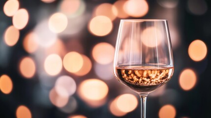 A sparkling wine glass with festive bokeh lights in the background, creating a joyful celebration atmosphere. Perfect for New Year's Eve, party invitations, or any festive occasion. Space for copy