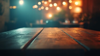 Warm wooden table in a cozy restaurant with ambient lighting