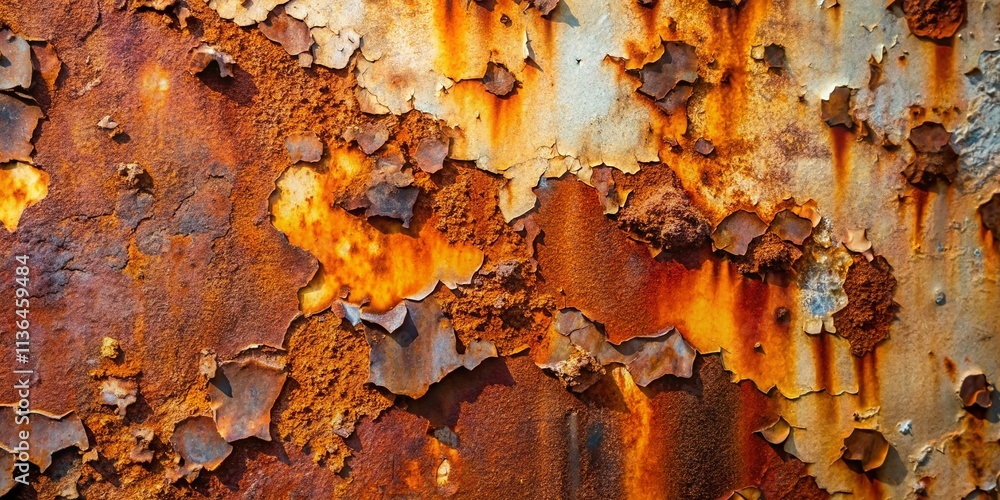 Poster close-up of rusty metal surface showcasing intricate textures and color variations for product photo