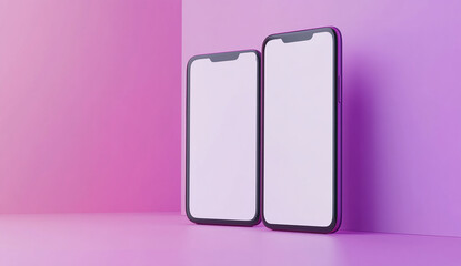 two blank white screen mobile phones on a pink and purple background, in a minimalist style