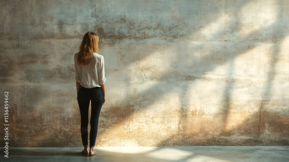 Aufkleber blond-haired woman standing barefoot in an empty room with a concrete wall and sunlight casting shad
