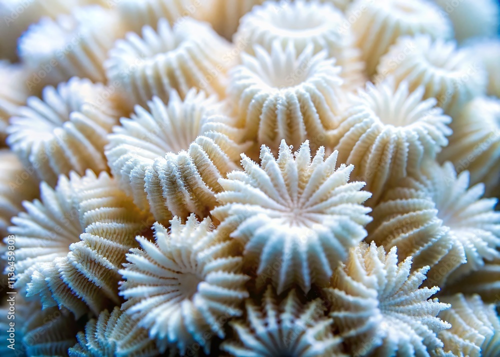 Poster close-up tilt-shift photography of white coral structure, macro abstract background with intricate t