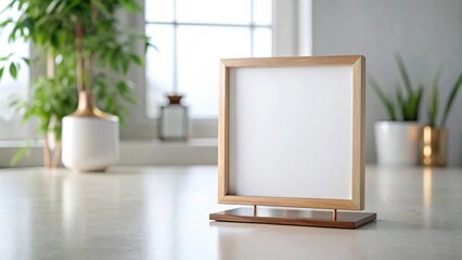 Blank square wooden frame on a stand, perfect for displaying your message or artwork in a home or office setting.