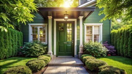Obraz premium Charming Green House with Lush Landscaping and Sunlit Entrance