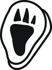 Stylized black and white drawing of a footprint with three triangular shapes at the top resembling claws and a rounded pad at the bottom, elongated and slightly curved.
