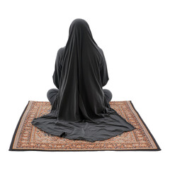 A 3D rendering of a woman praying on a prayer mat in a peaceful pose wearing modest attire isolated against a transparent background ideal for religious or spiritual-themed designs